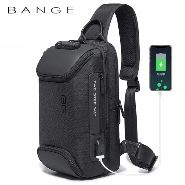 BANGE BG-7082 Anti-theft TSA Lock Crossbody Bag Waterproof Chest Pack with External USB Port